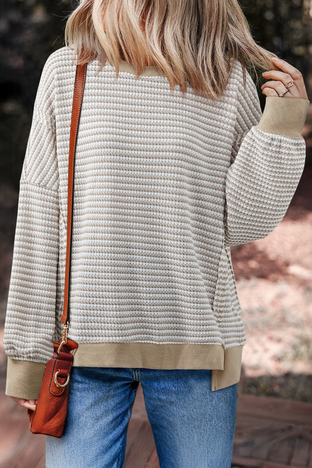 Cozy Stripe Ribbed Trim Oversized Top