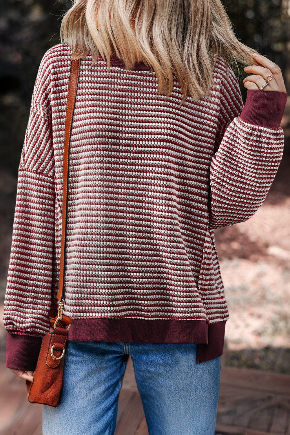 Cozy Stripe Ribbed Trim Oversized Top
