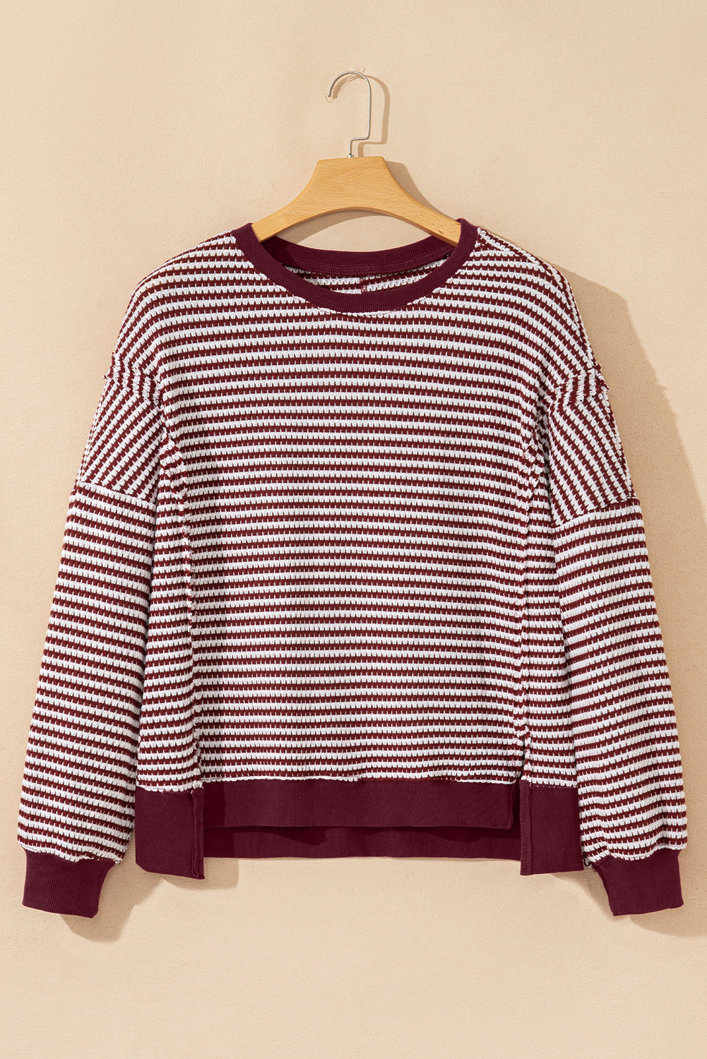 Cozy Stripe Ribbed Trim Oversized Top
