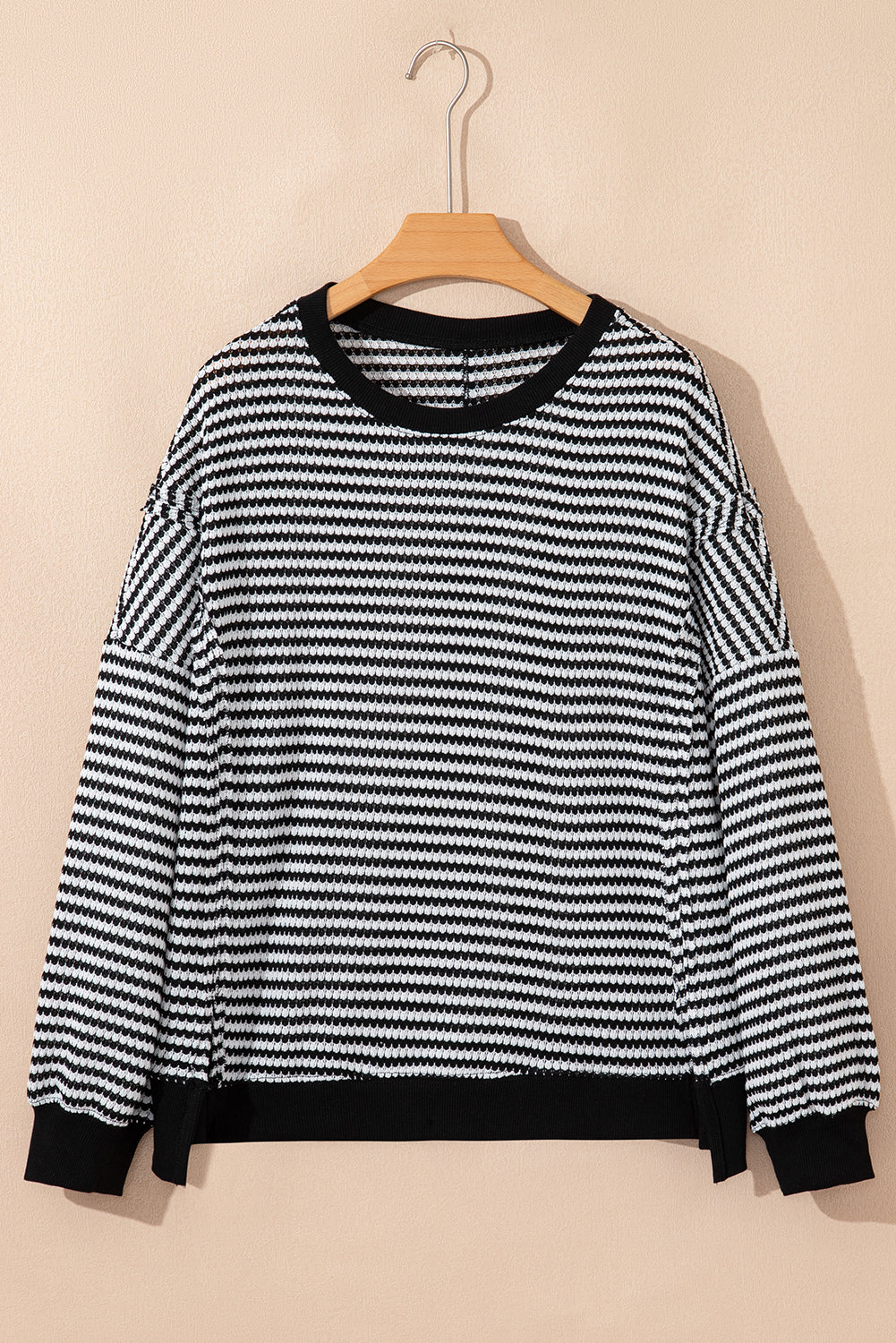Cozy Stripe Ribbed Trim Oversized Top