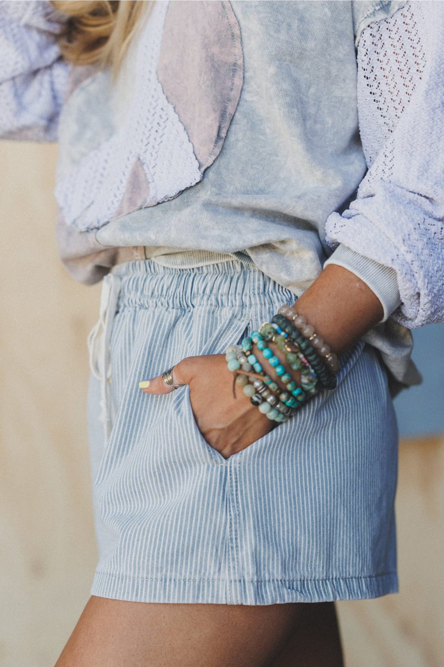 Striped Drawstring Denim Shorts