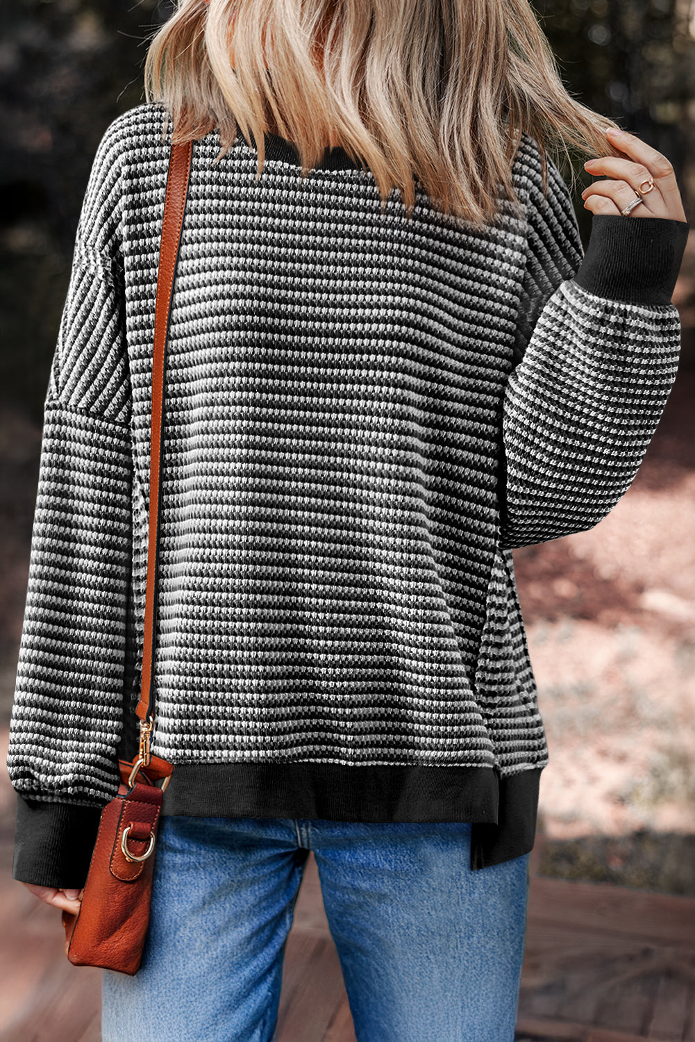 Cozy Stripe Ribbed Trim Oversized Top